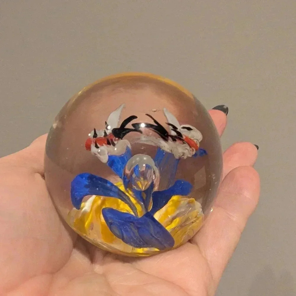 Czech Handcrafted Glass Paperweight with Blue and Yellow Design